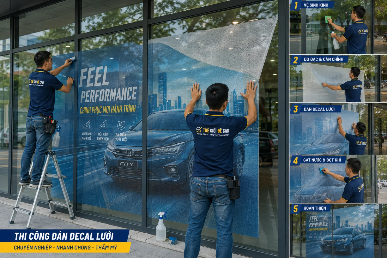 Thi công dán decal lưới lên kính